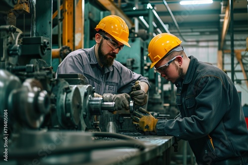 Metal worker teaching trainee on machine use