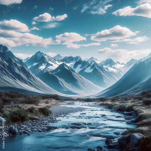 Winter Wonderland: Majestic mountains, a frozen lake, and a winding river create a breathtaking snowy landscape under a crisp blue sky