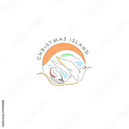 Christmas Island geometric logo template with golden bosun and frigatebird in nature with water and green grass