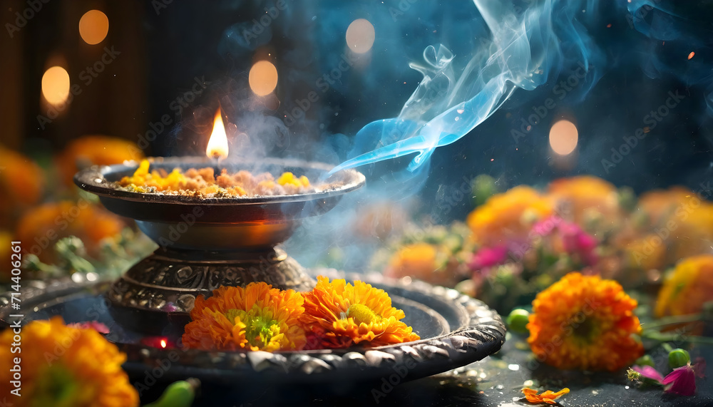 Smoky Incense and Marigolds in a Sacred Indian Ritual, a plate with flowers Smoky Incense and Marigolds in a Sacred Indian Ritual, a plate with flowers