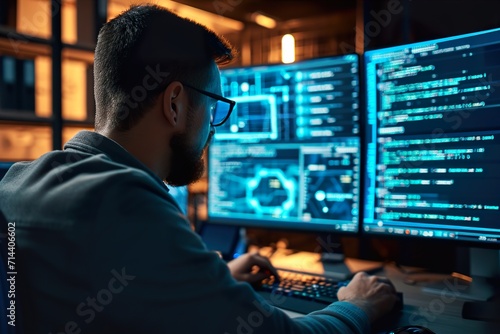 man programmer code on computer screen with cybersecurity hologram