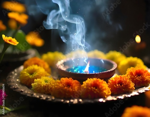 Smoky Incense and Marigolds in a Sacred Indian Ritual, a plate with flowers 