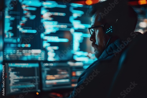 man programmer code on computer screen with cybersecurity hologram © senyumanmu