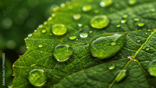 A Macro View of Dew Drops on a Vibrant Green Leaf