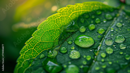 A Macro View of Dew Drops on a Vibrant Green Leaf