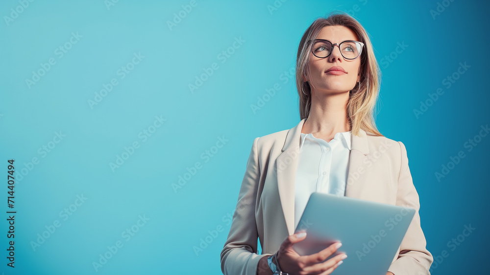 A Businesswoman with Glasses Holding a Laptop Tablet A Businesswoman with Glasses Holding a Laptop Tablet