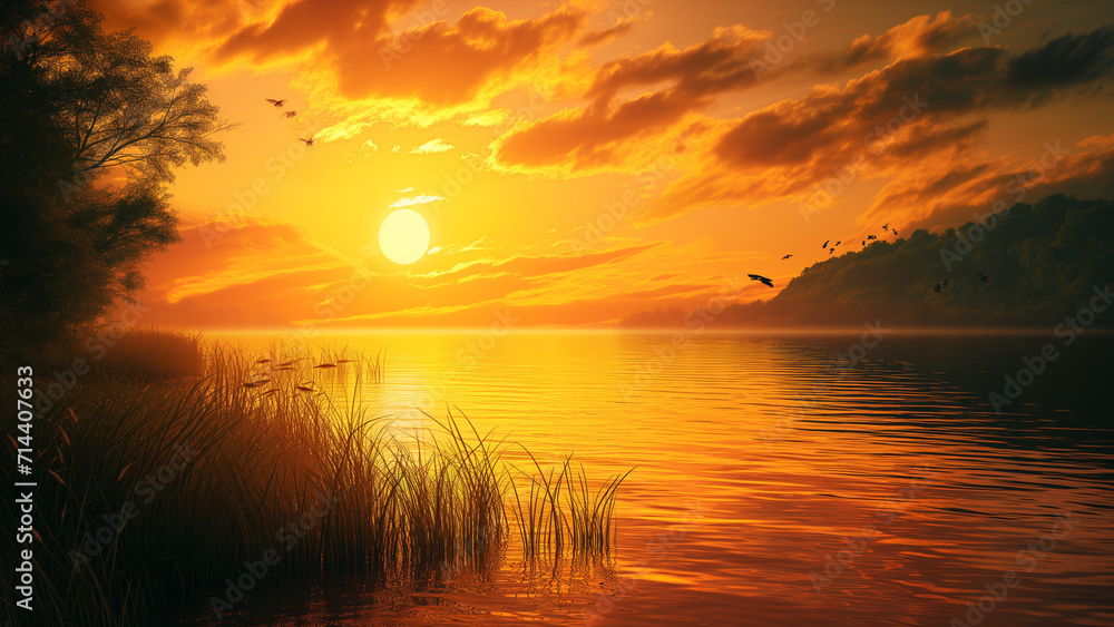 Golden Serenity: A Tranquil Sunset Over the Lake