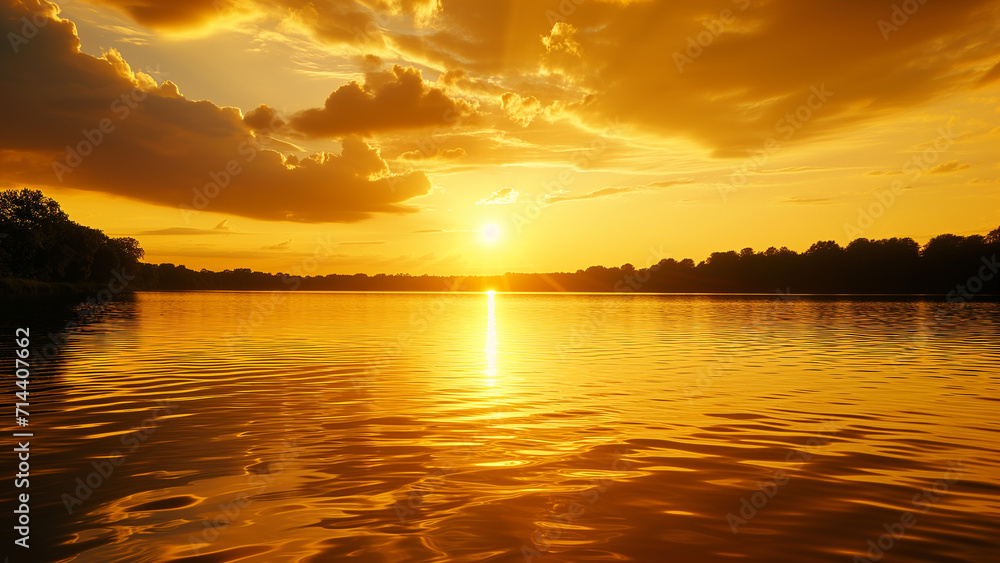 Golden Serenity: A Tranquil Sunset Over the Lake