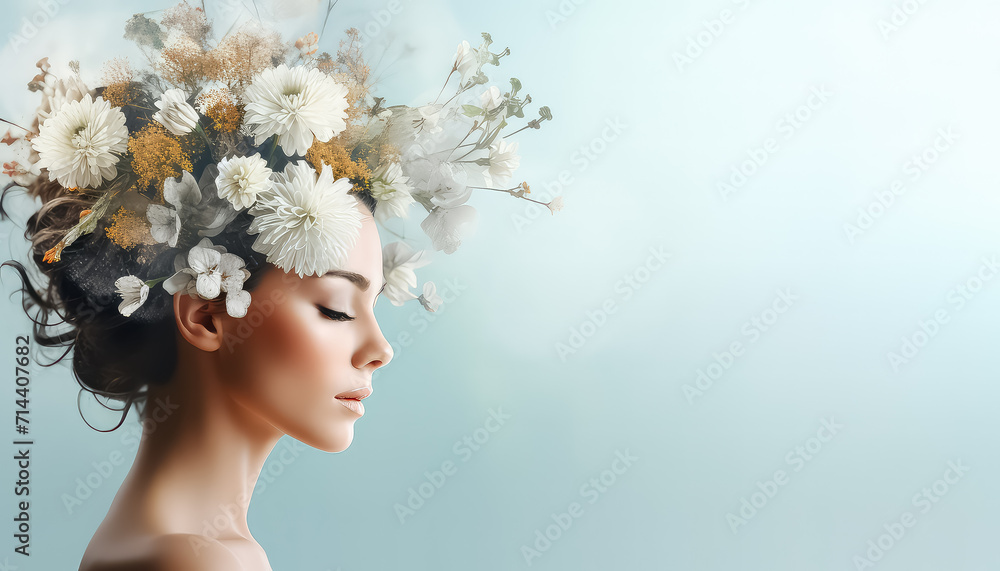 Woman with a wreath on her head and closed eyes ,spring concept