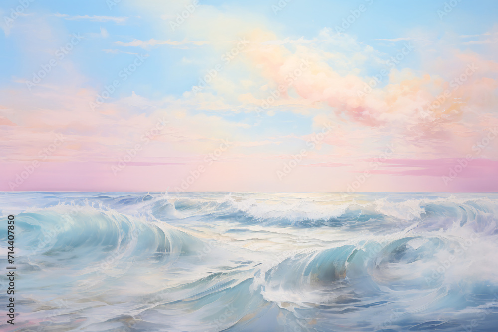 Pastel Waves and Clouds Dreamscape, Pink and Blue Sky Seascape