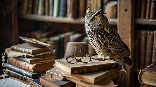 Majestic Owl Perched on Antique Books with Eyeglasses in a Vintage Library Setting