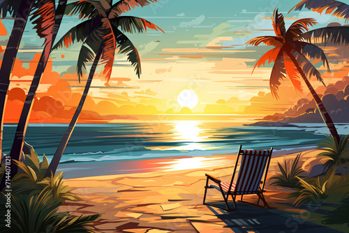 Tropical Beach Sunset Graphic Illustration