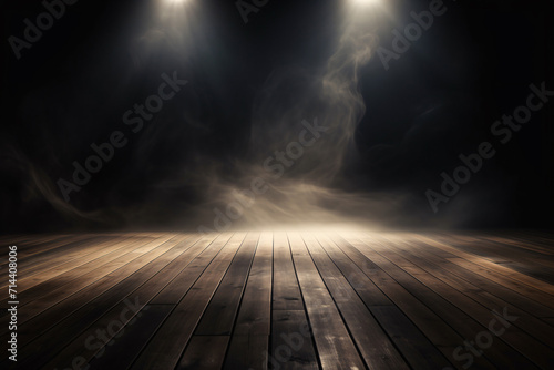 Empty Wooden Floor with Smoke Floating Up on Dark Background