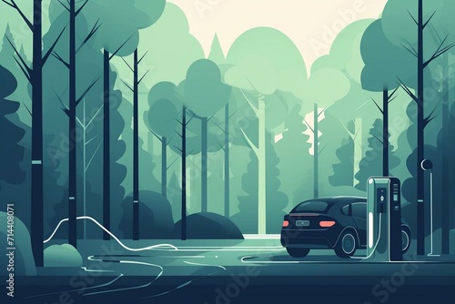 Illustration of an electric vehicle charging station amidst a forest, highlighting eco-friendly concept with a car. Generative AI photo