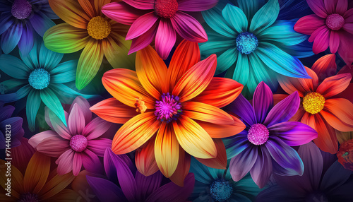 Bright flowers on black background in neon color  spring concept