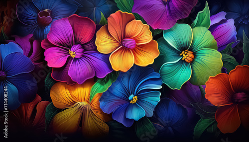 Bright flowers on black background in neon color ,spring concept
