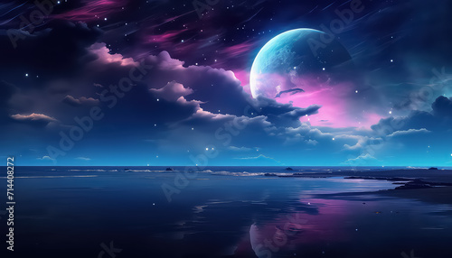 A magical night on the beach overlooking space in neon color  spring concept