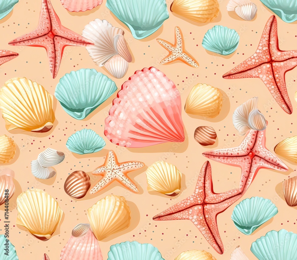 Seashells, Fabric Pattern, Seamless Pattern. Seashells, Fabric Pattern, Seamless Pattern.