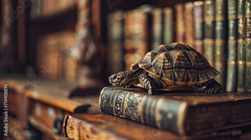 Detailed Close-Up of a Tortoise Resting on Ornate Antique Books in a Classic Library Setting photo