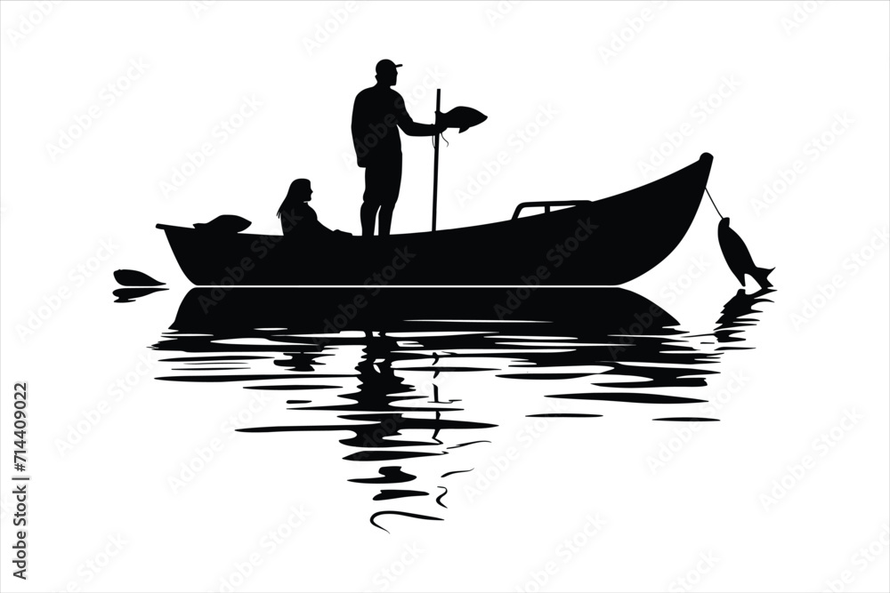 River fishing boat and fisherman, in a boat silhouette fisherman boat icon logo River fishing boat and fisherman, in a boat silhouette fisherman boat icon logo