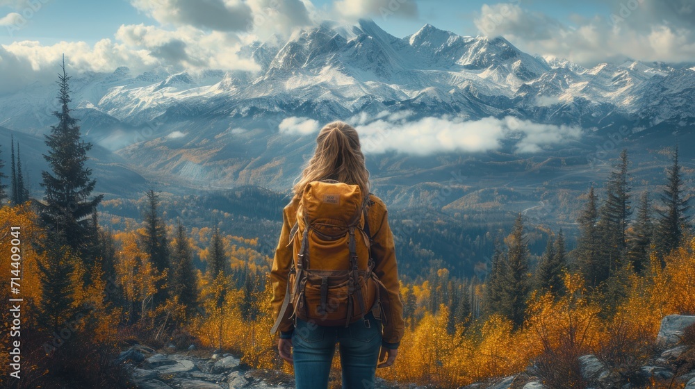  a woman standing on top of a mountain looking out at a valley filled with trees and a mountain covered in snow covered mountains in the distance are covered with clouds.