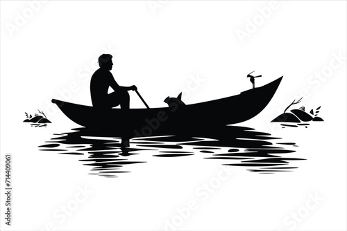 River fishing boat and fisherman, in a boat silhouette fisherman boat icon logo