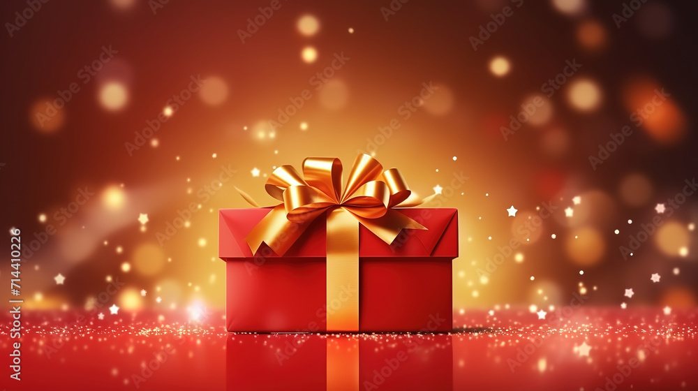 Merry christmas and happy new year red square postcard with garland and present with bow Merry christmas and happy new year red square postcard with garland and present with bow