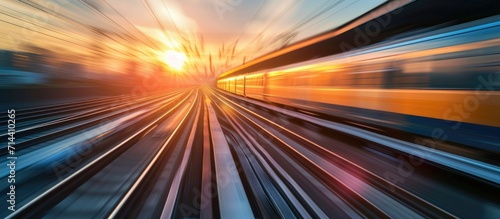 Blurred motion of sunrise passenger train on tracks.