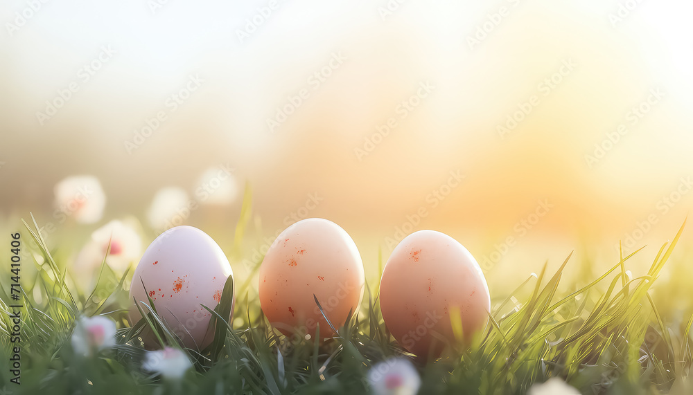 Eggs in pastel colors at sunset on a field, easter concept