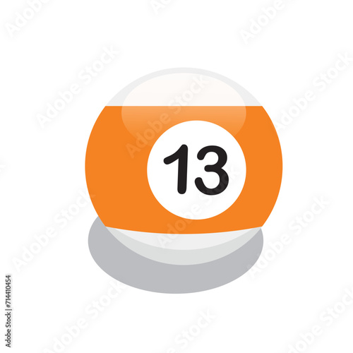 8 ball or snooker vector illustration, orange striped ball from a club or casino, 13 unlucky number.