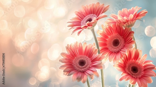  three pink daisies in a vase with boke of lights in the backgroung of the image in the backgrouund of the picture is a blurry background. photo