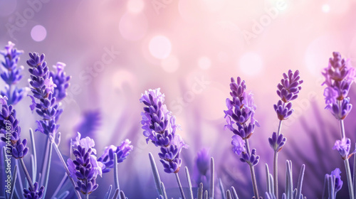  a close up of a bunch of lavender flowers in a field with a blurry background and boke of light coming from the top of the flowers in the foreground.