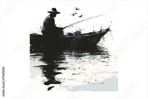 River fishing boat and fisherman, in a boat silhouette fisherman boat icon logo photo