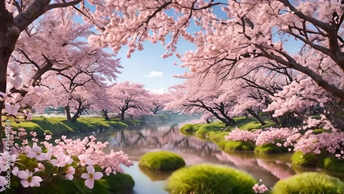Wallpaper Mural Spring Reverie: Enchanting Cherry Blossoms (Sakura) and Serene River Reflecting Nature's Awakening Torontodigital.ca