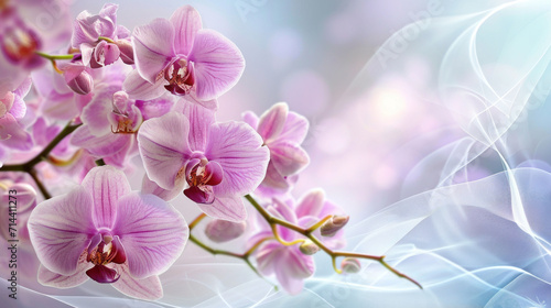  a close up of a pink flower on a blue and white background with a blurry image of a branch of orchids in the foreground and a blurry background.