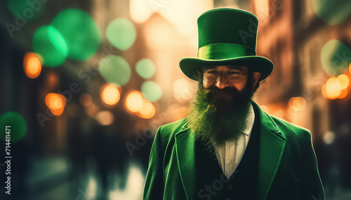 Stylish man in green suit outdoors, concept St.Patrick 's Day