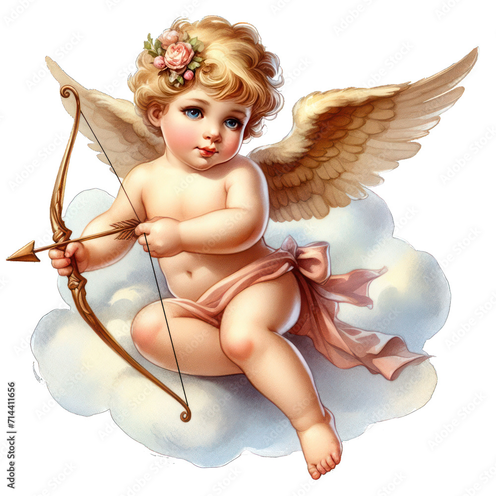 Fototapeta premium Adorable Christmas Angel and Cupid Figurines with Hearts, Wings, and Love, Isolated on White Background