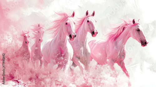  a painting of a group of pink horses running in a line with a pink cloud of dust in the foreground and a white horse in the middle of the foreground. © Anna