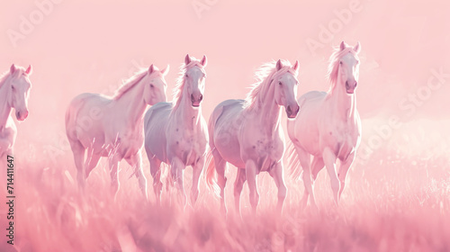  a group of white horses running in a field of tall grass with a pink sky in the background and a pink hued sky in the middle of the photo.