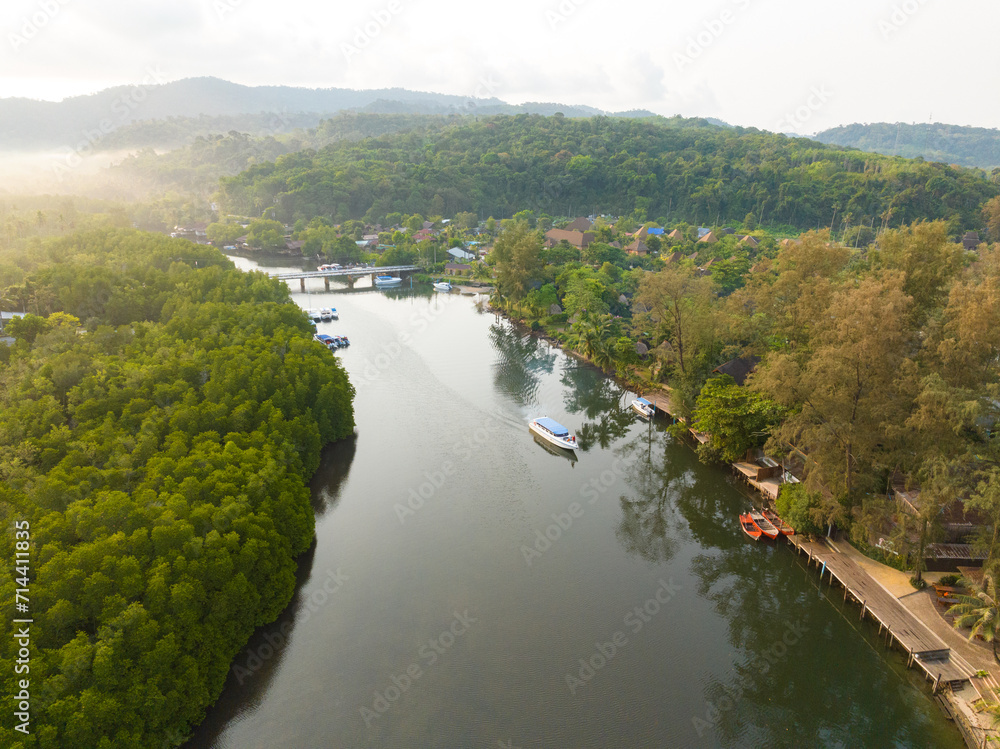 Aerial drone view of beautiful canal with trees jungle of Gulf of Thailand. Kood island, Thailand.