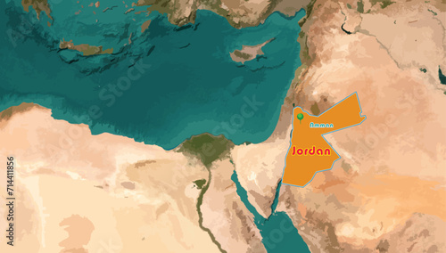 Hashemite Kingdom of Jordan or Jordan map on the world background. The capital city is Amman. It's famous with more than 100,000 archaeological, religious and tourist spots. A rich in history, culture photo