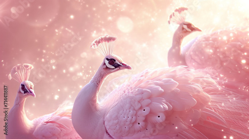  a couple of pink birds standing next to each other on a pink and white background with stars and sparkles in the sky behind the two of the two of them.
