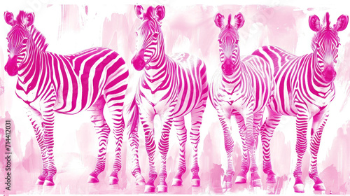  a group of three zebras standing next to each other on a pink and white background with a splash of paint on the back of the zebra s head.