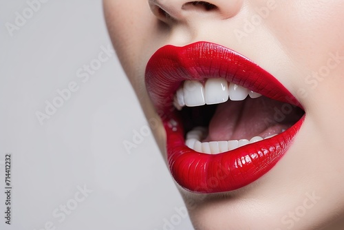 Boca femenina, dentadura perfecta y labios rojos  photo