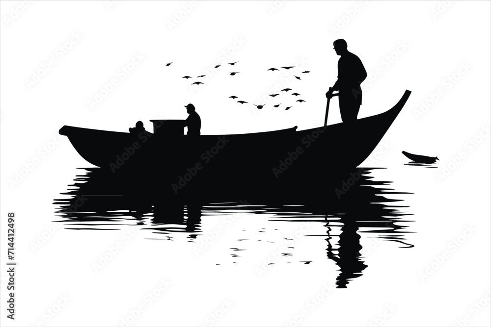 River fishing boat and fisherman, in a boat silhouette fisherman boat icon logo