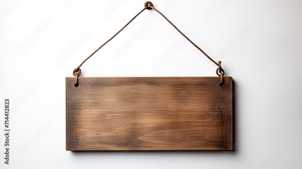 blank wood plank sign hanging on centered rope on white wall with area for text. blank wood plank sign hanging on centered rope on white wall with area for text.