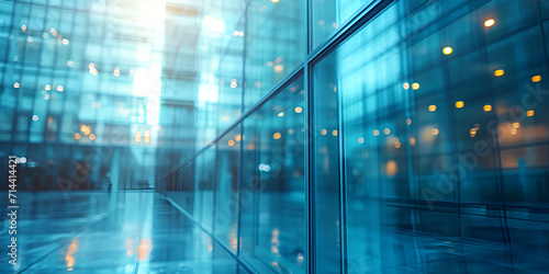 Blurred glass wall of modern business office building at the business center use for background in business concept. Blur corporate business office. Abstract windows with a blue tint.