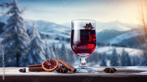Glasses of mulled wine on wooden table over winter landscape ai generated image