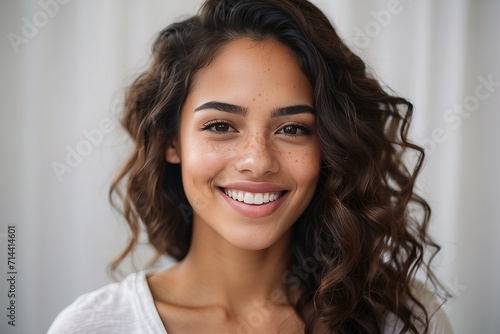 Mujer joven, latina, de sonrisa perfecta, sobre fondo blanco photo