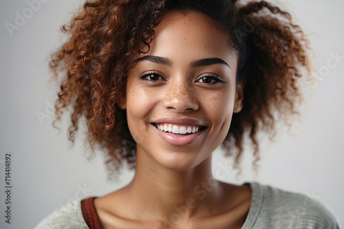 Mujer joven, afroamericana, de sonrisa perfecta, sobre fondo blanco photo